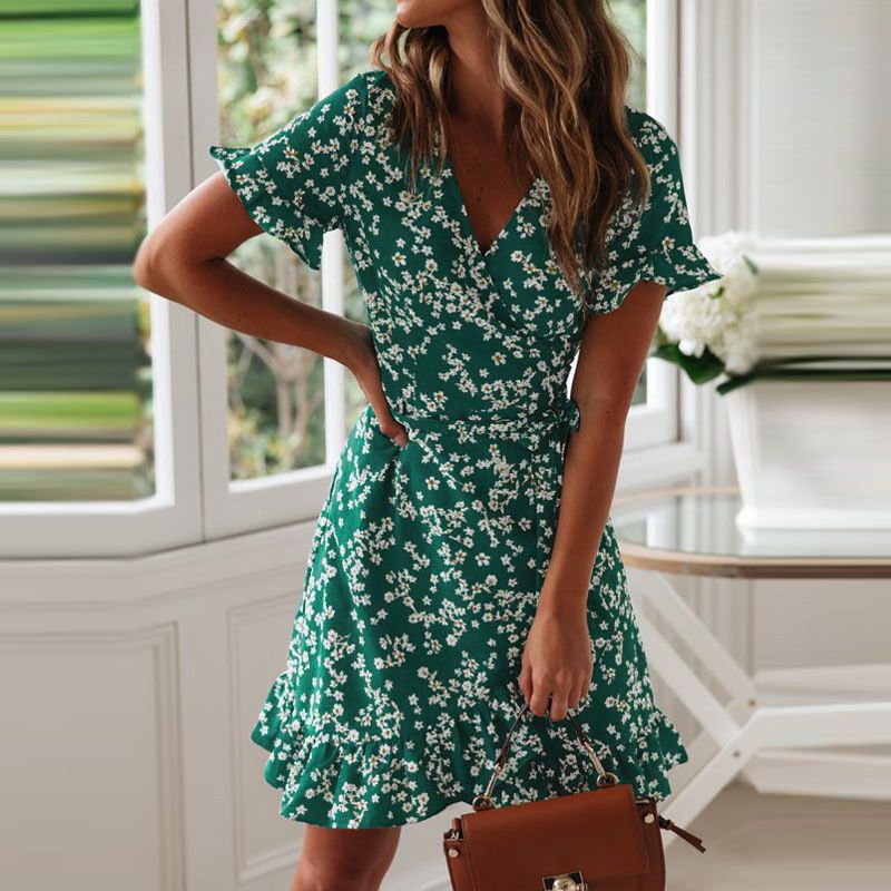 Women V-Neck Printed Lace-Up Ruffle Dress