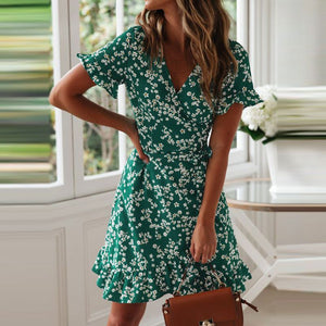 Women V-Neck Printed Lace-Up Ruffle Dress