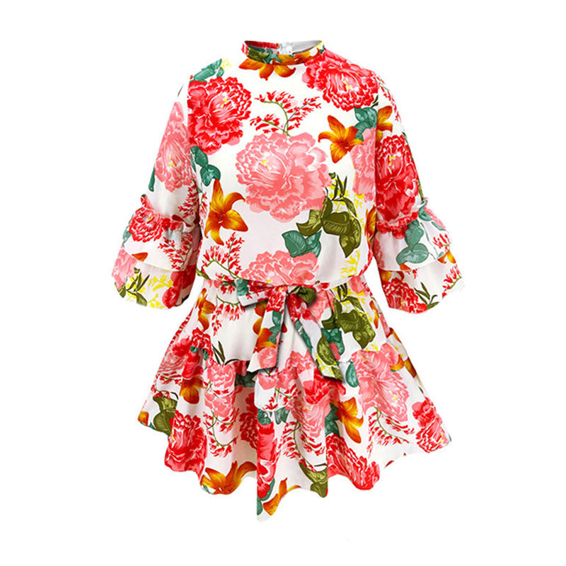 Round Neckline Flower Print Drawstring Waist Ruffle Dress