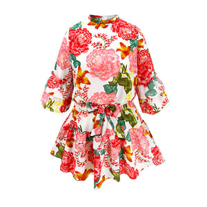 Round Neckline Flower Print Drawstring Waist Ruffle Dress