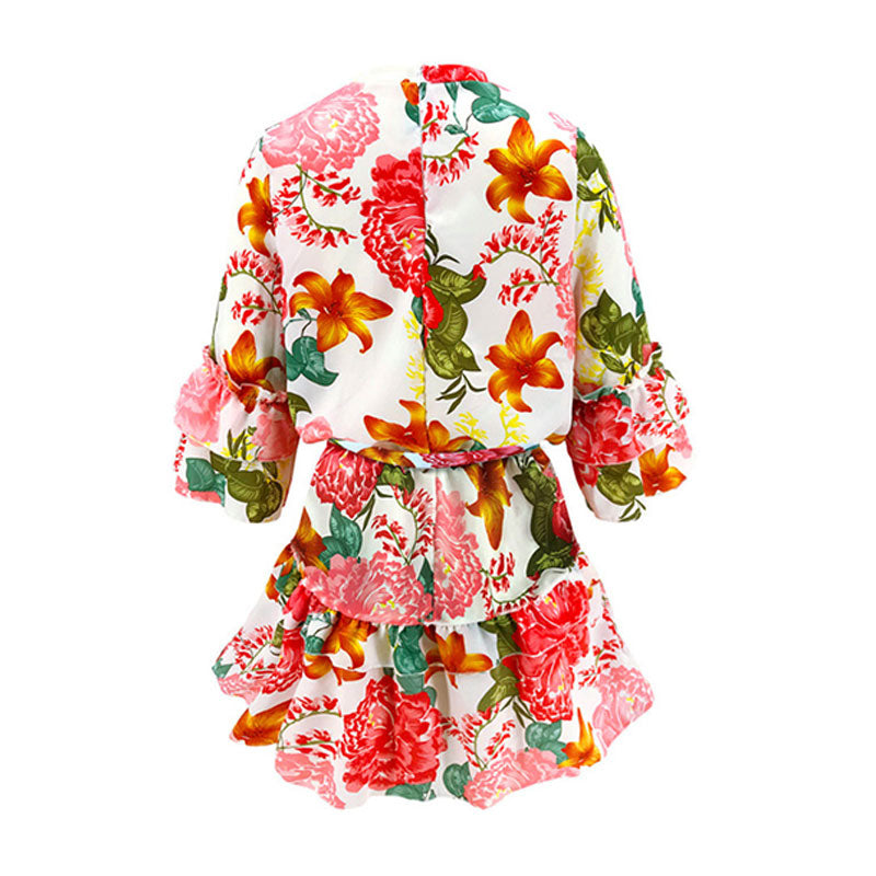 Round Neckline Flower Print Drawstring Waist Ruffle Dress