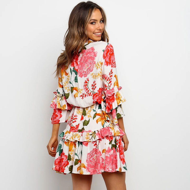 Round Neckline Flower Print Drawstring Waist Ruffle Dress