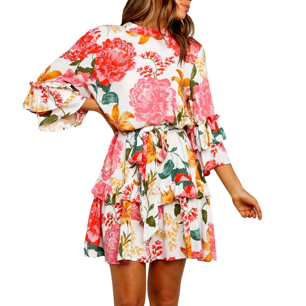 Round Neckline Flower Print Drawstring Waist Ruffle Dress