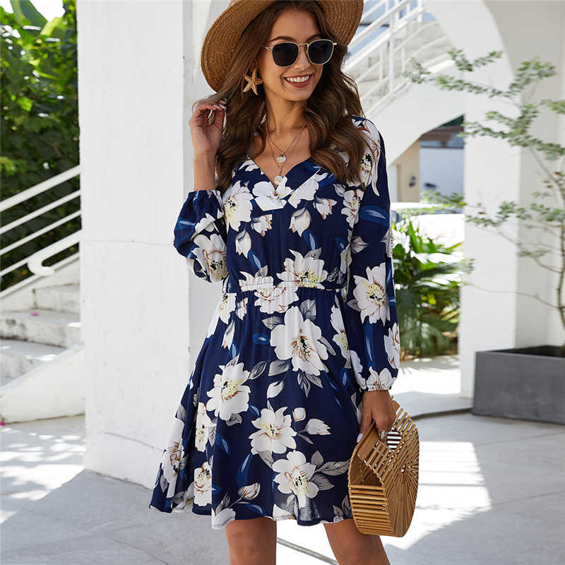 Women Backless Floral Print Long-Sleeve Caual Dress