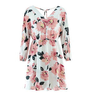 Women Backless Floral Print Long-Sleeve Caual Dress