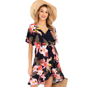 Fashion Floral Print V-Neck Short-Sleeve Irregular Hem Boho Dress