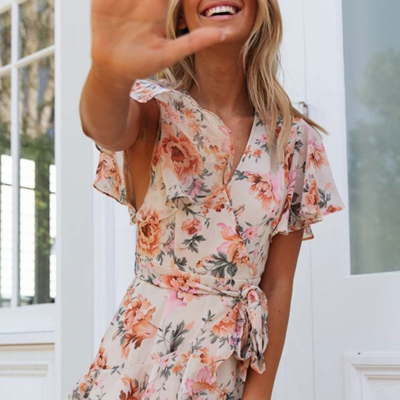 Fashion V-Neck Lace-Up Floral Print Boho Ruffle Dress