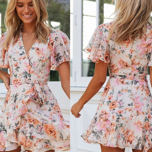 Fashion V-Neck Lace-Up Floral Print Boho Ruffle Dress