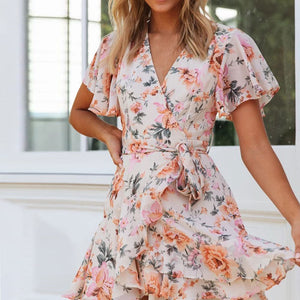 Fashion V-Neck Lace-Up Floral Print Boho Ruffle Dress