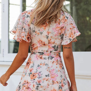 Fashion V-Neck Lace-Up Floral Print Boho Ruffle Dress