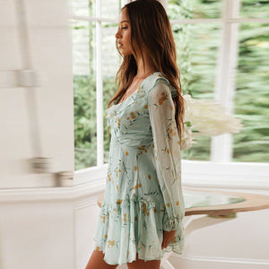 Floral Print Backless Bandage Ruffled Long-Sleeve Dress