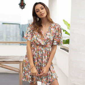 Women Fashion Short Sleeve Floral Print V-Neck Casual Dress