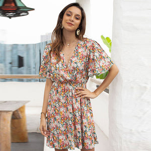 Women Fashion Short Sleeve Floral Print V-Neck Casual Dress