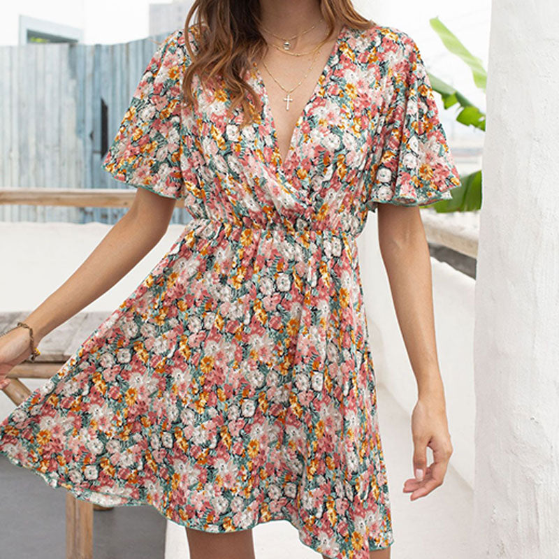 Women Fashion Short Sleeve Floral Print V-Neck Casual Dress