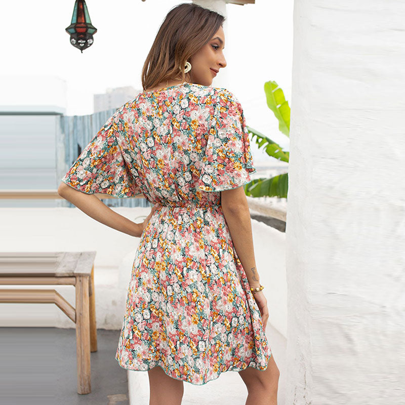 Women Fashion Short Sleeve Floral Print V-Neck Casual Dress