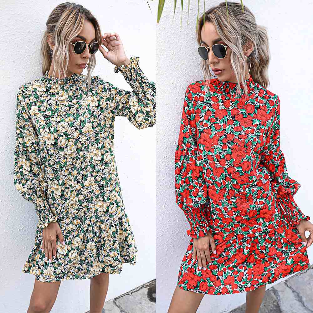 Women Fashion Flower Print Long Sleeve Dress