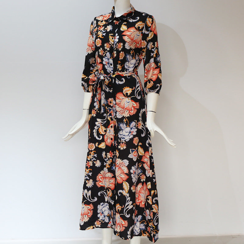 Women Boho Vintage Floral Print Three Quarter Sleeve Maxi Dress