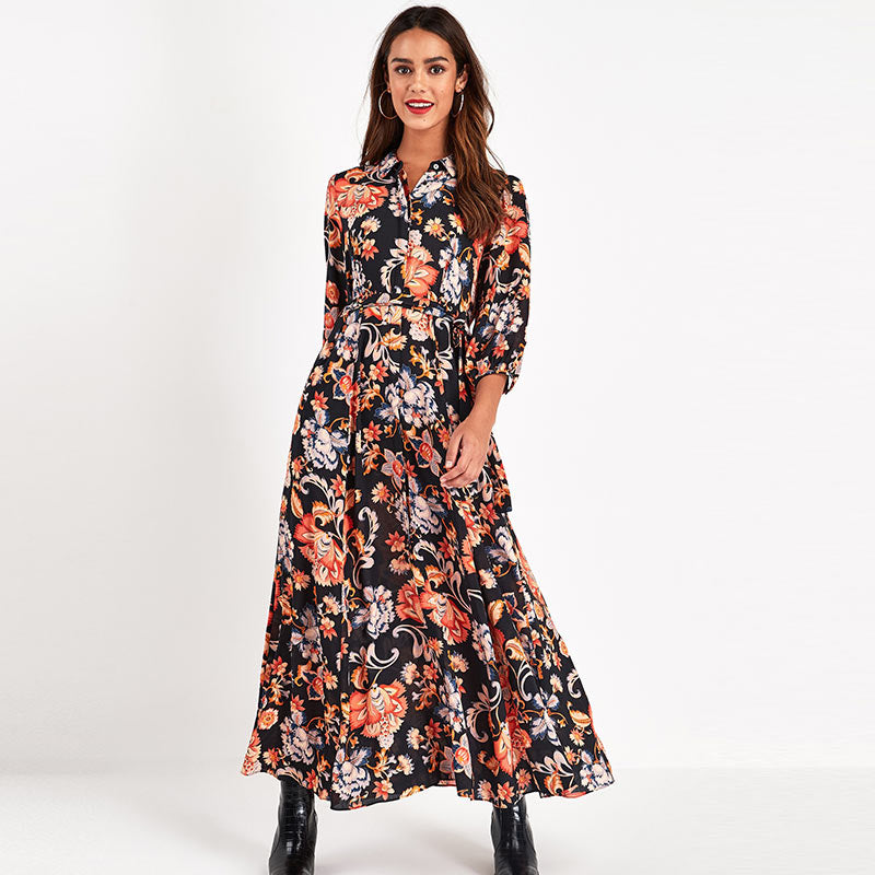 Women Boho Vintage Floral Print Three Quarter Sleeve Maxi Dress