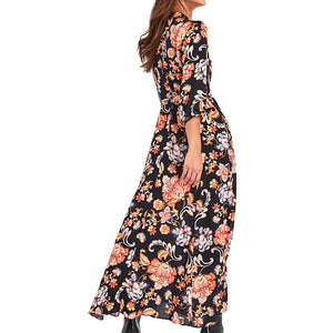 Women Boho Vintage Floral Print Three Quarter Sleeve Maxi Dress